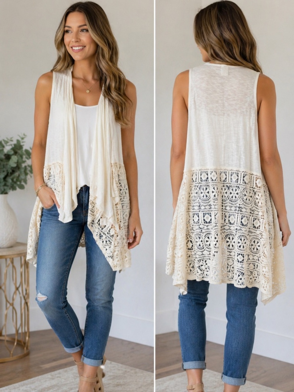 XCVI Cream Light Open-Front Crochet-Trim Vest
Size S